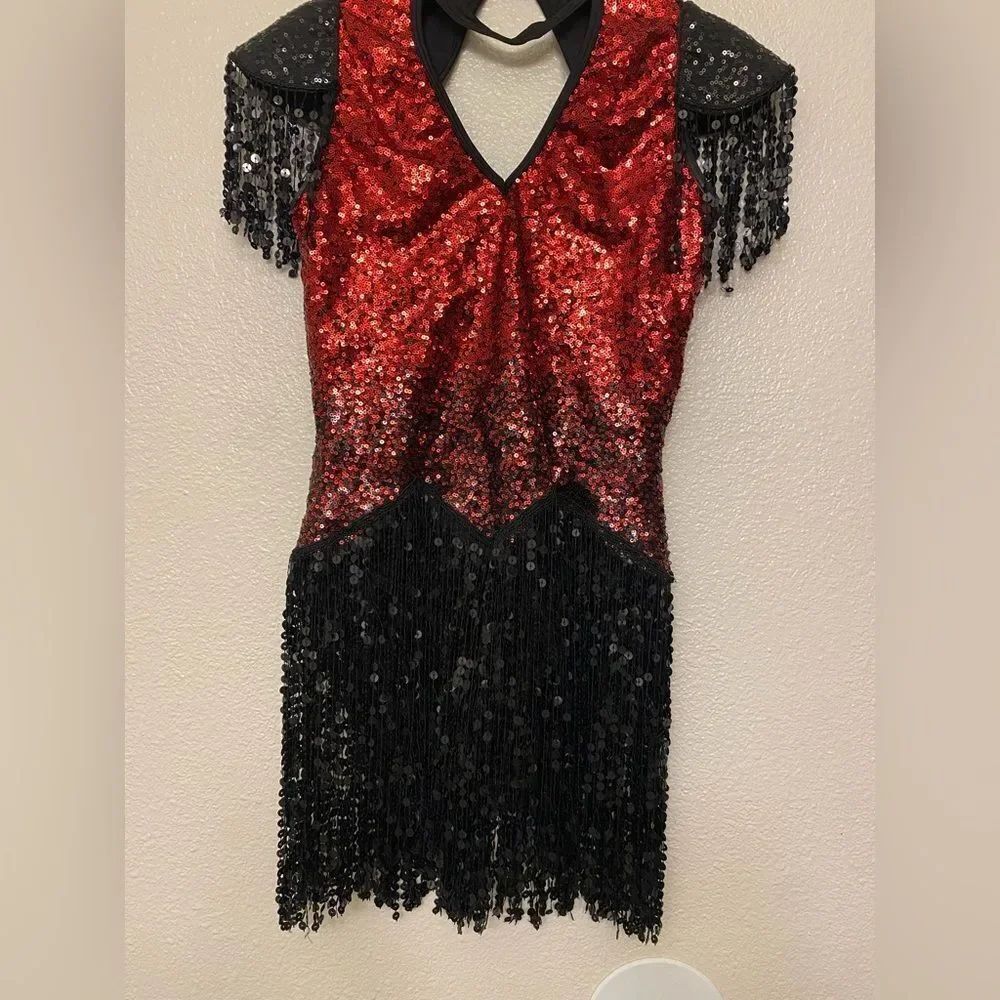 Glamour solo dance costume red fringe sequin flapper leotard dress MA adult